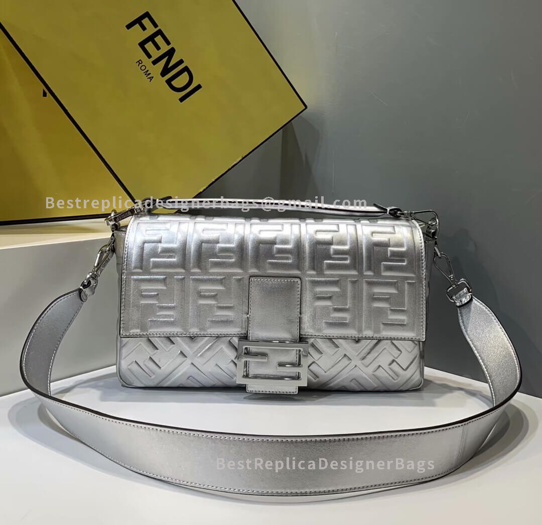 Fendi Baguette Large Silver Sheepskin Bag SHW 0135L